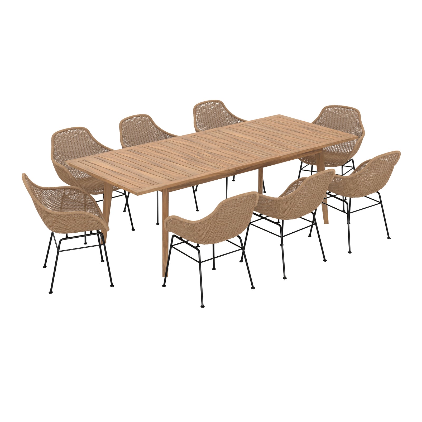 table et chaise de jjardin carmela 8 personnes en bois de teck et resine tresse
