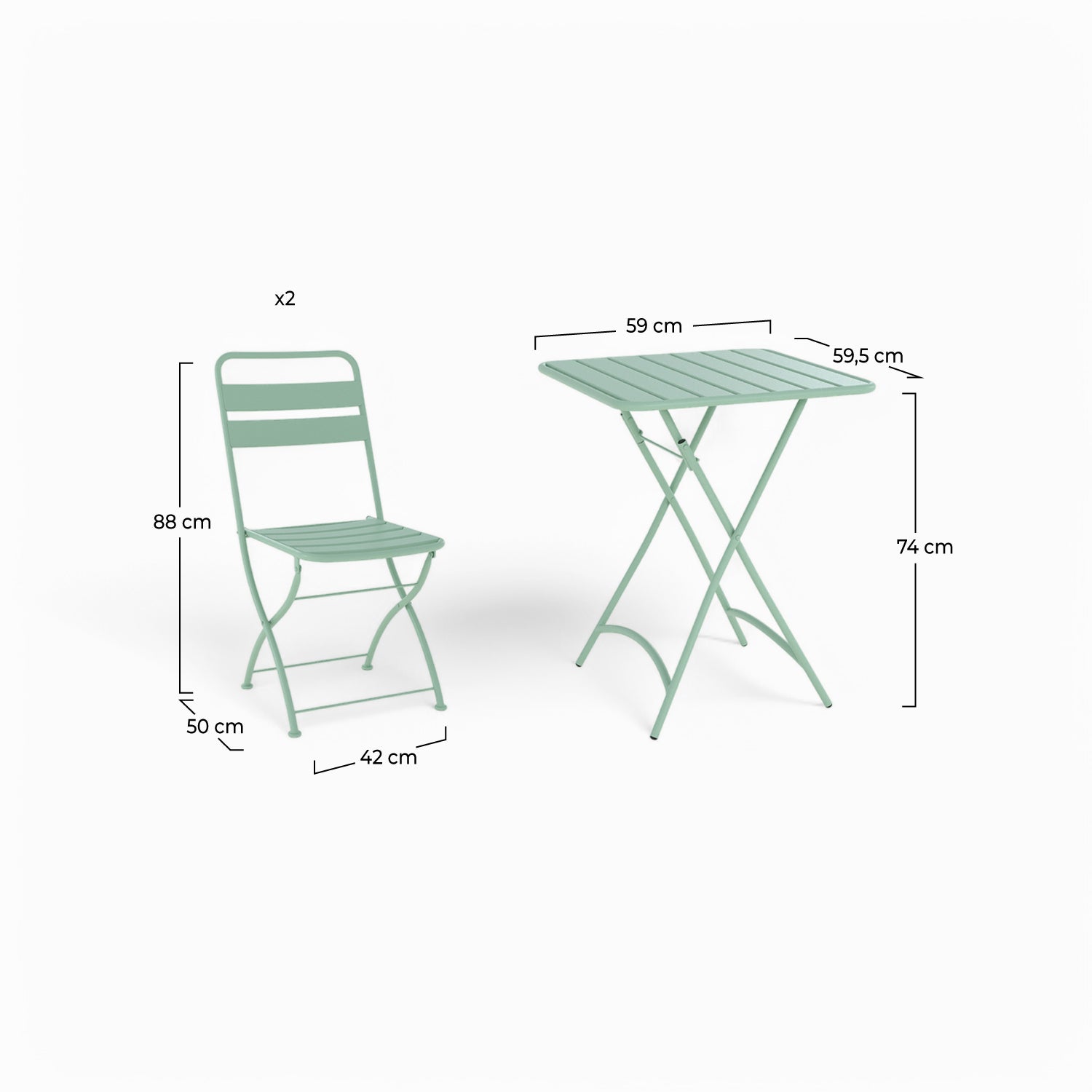 table et chaises de jardin 2 places en metal vert yumi pack pliant
