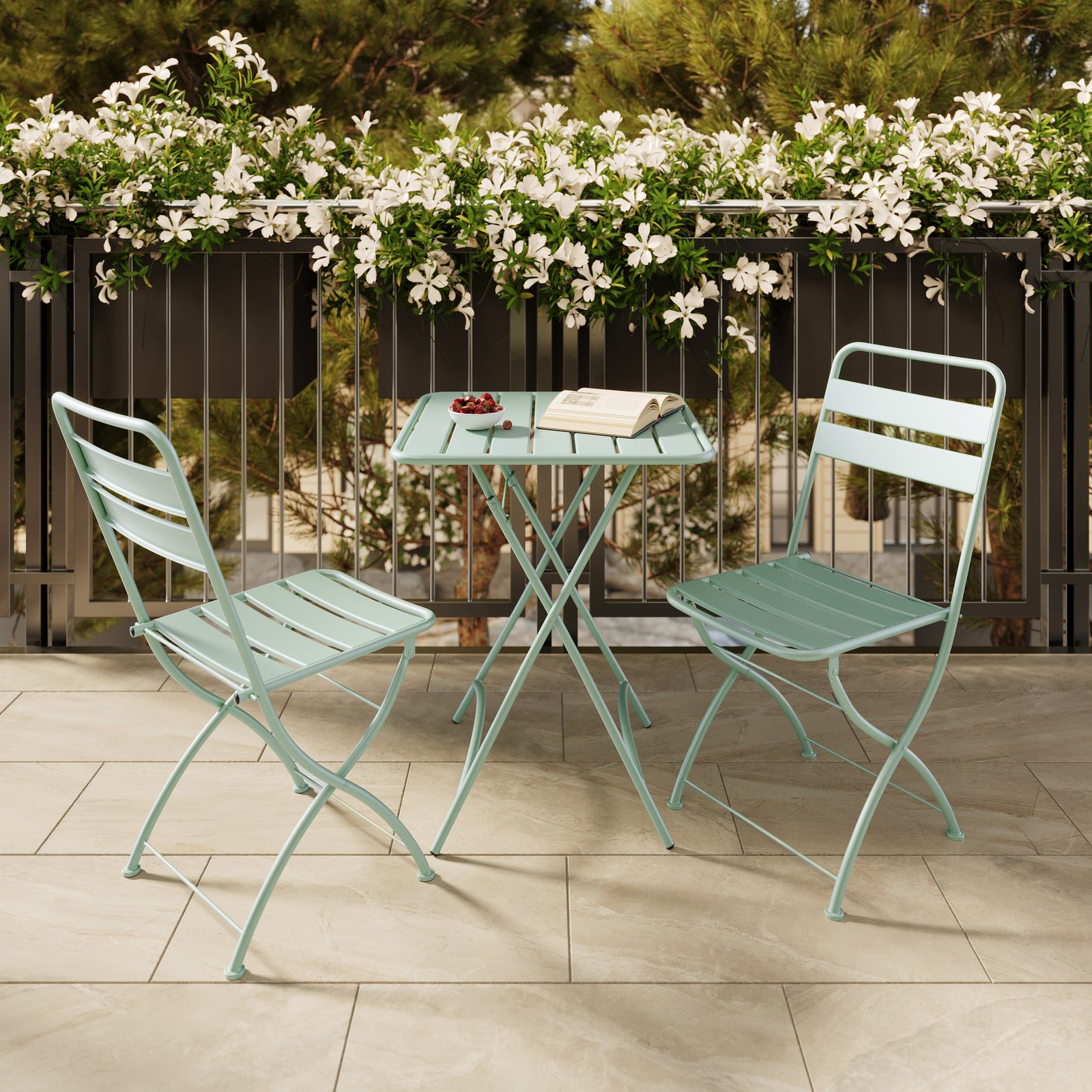 table et chaises de jardin pliantes 2 places en metal vert yumi