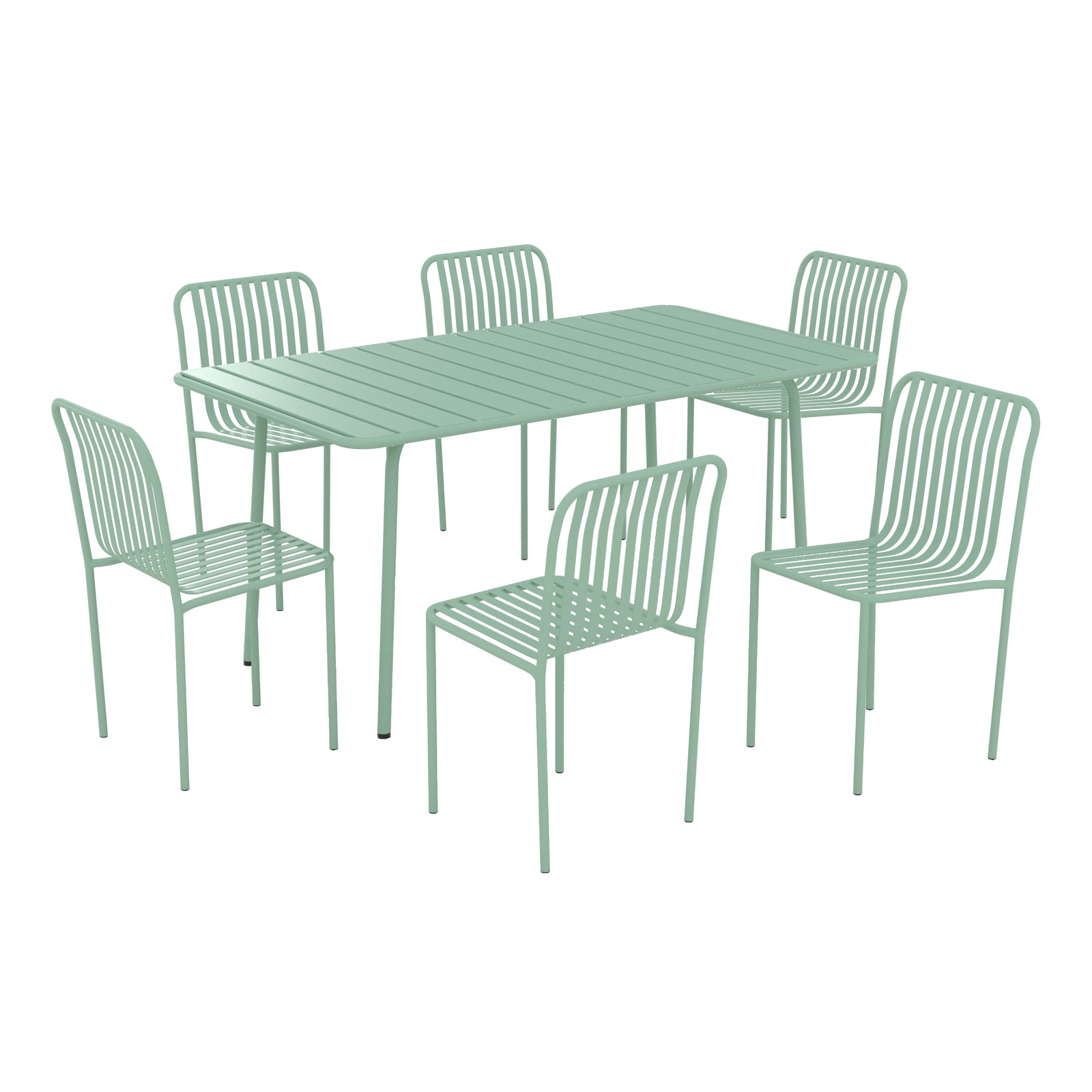 table et chaises de jardin yumi 6 personnes en metal vert fond blanc