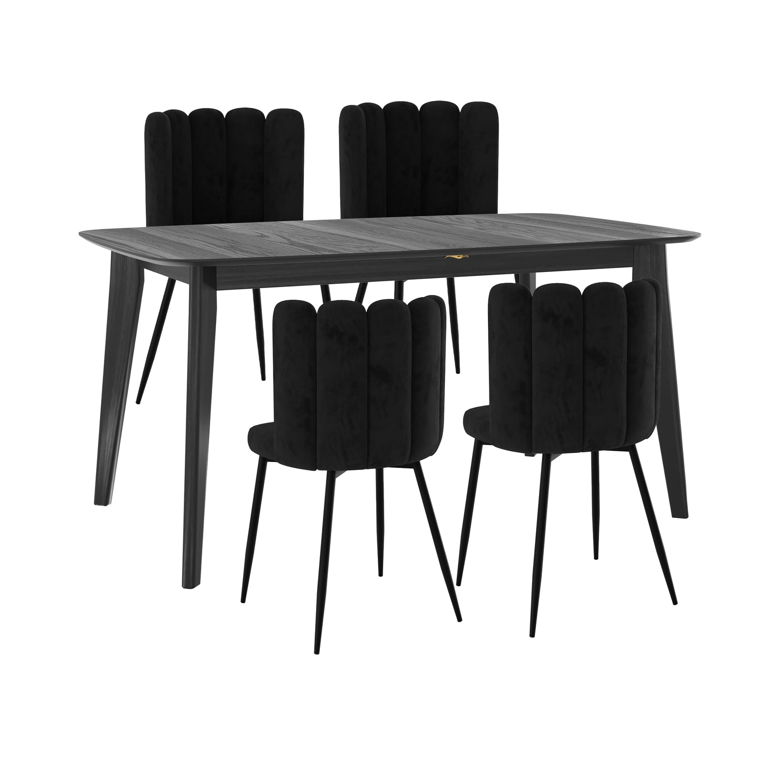 table et chaises oman velours noir bois noir 4 personnes fond blanc