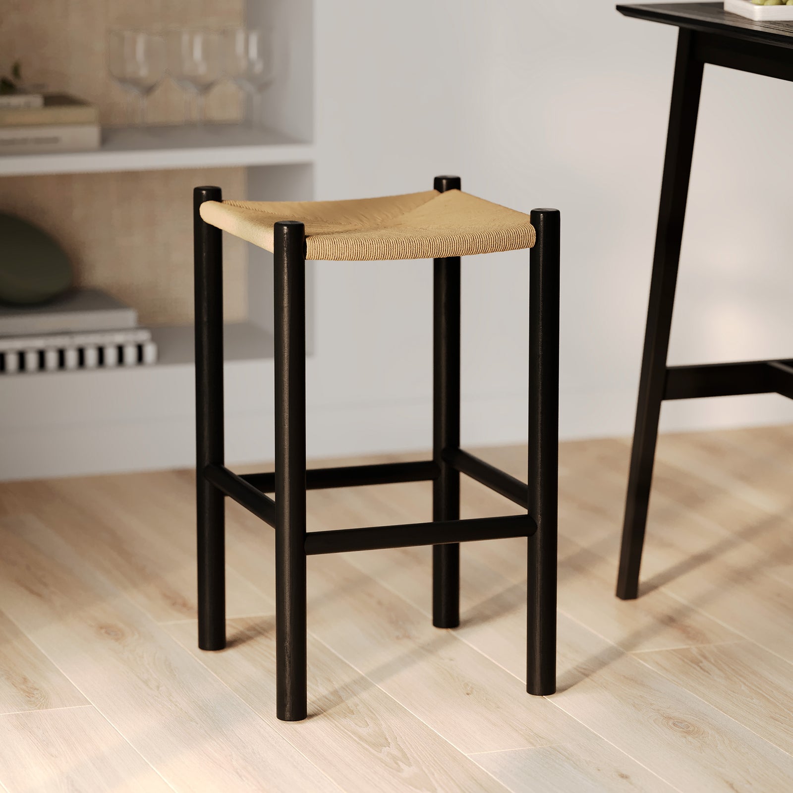 tabouret bois noir osier kaia 65 cm