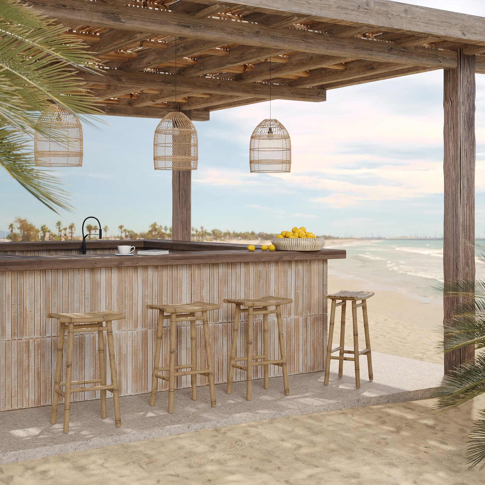 tabouret de bar de jardin en bambou assise rectangulaire vadella