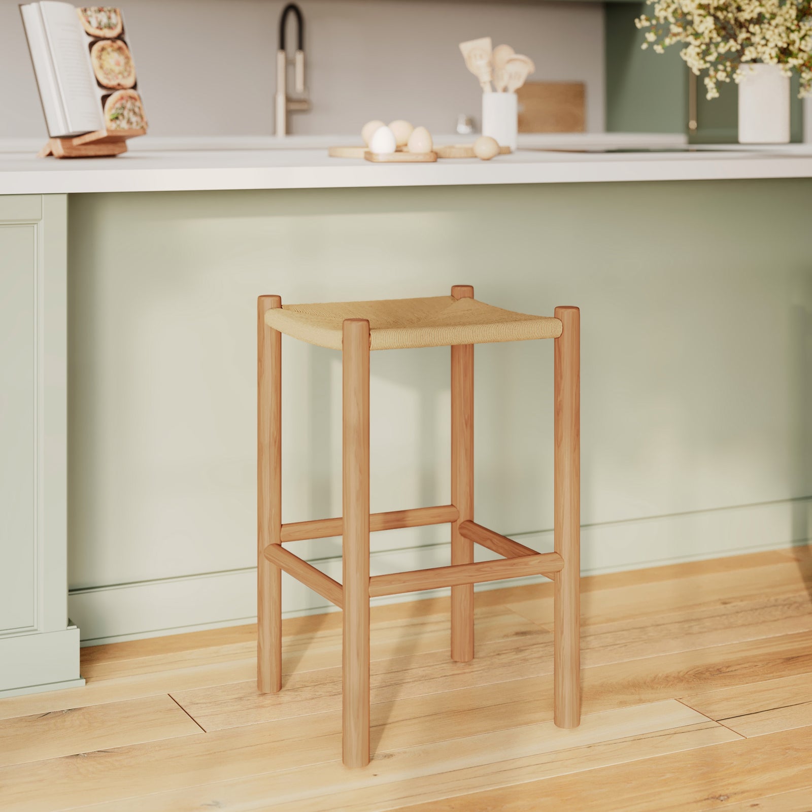 tabouret de bar en bois de teck et rotin 65 cm kaia