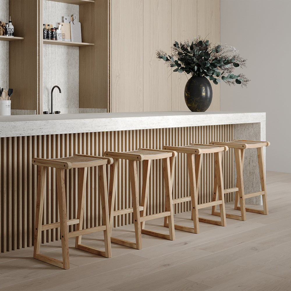 tabouret de bar en teck et bois avec rotin