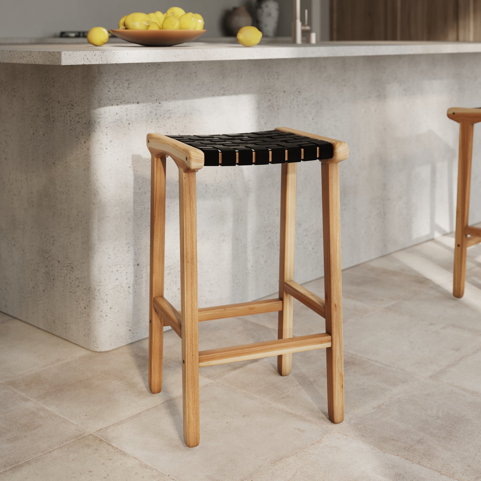 tabouret de bar kuna bois et cuir tresse 68 cm