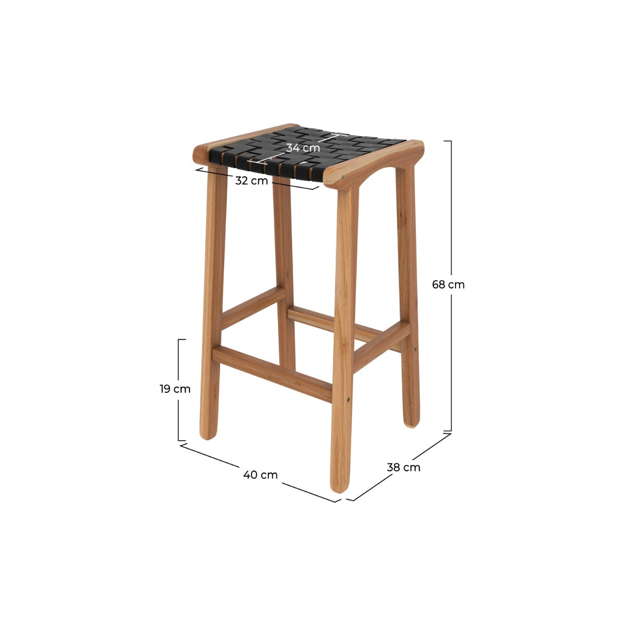 tabouret de bar mi hauteur en cuir tresse noir 68 cm