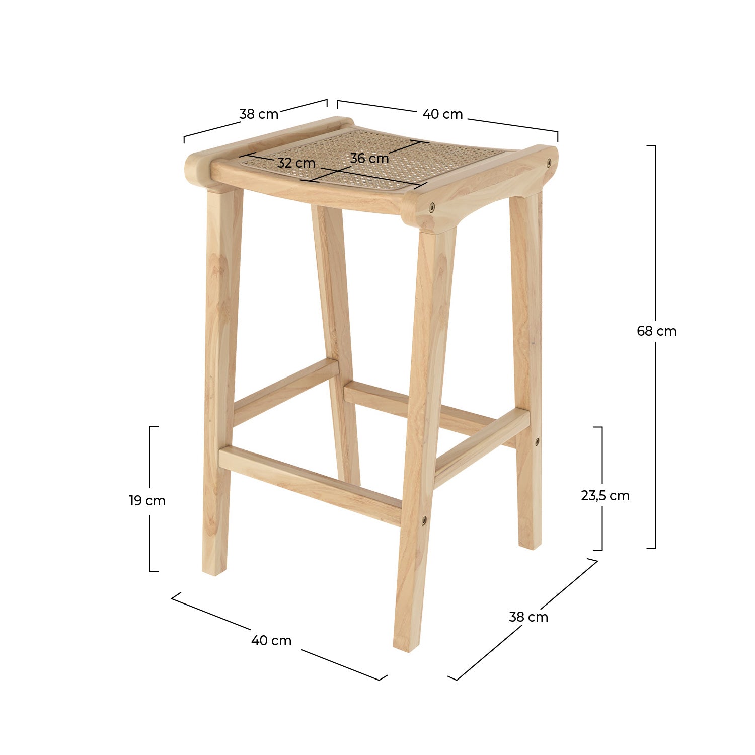 Tabouret de bar mi-hauteur Omaha en teck et cannage 65 cm
