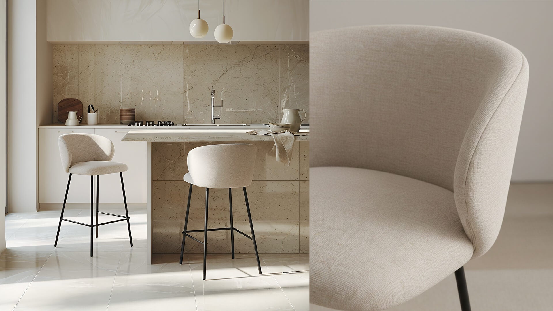 Tabourets de bar au design contemporain avec assise arrondie en tissu beige et piètement fin en métal noir, disposés autour d’un îlot de cuisine clair en pierre, ambiance élégante et lumineuse, Rendez-vous Déco