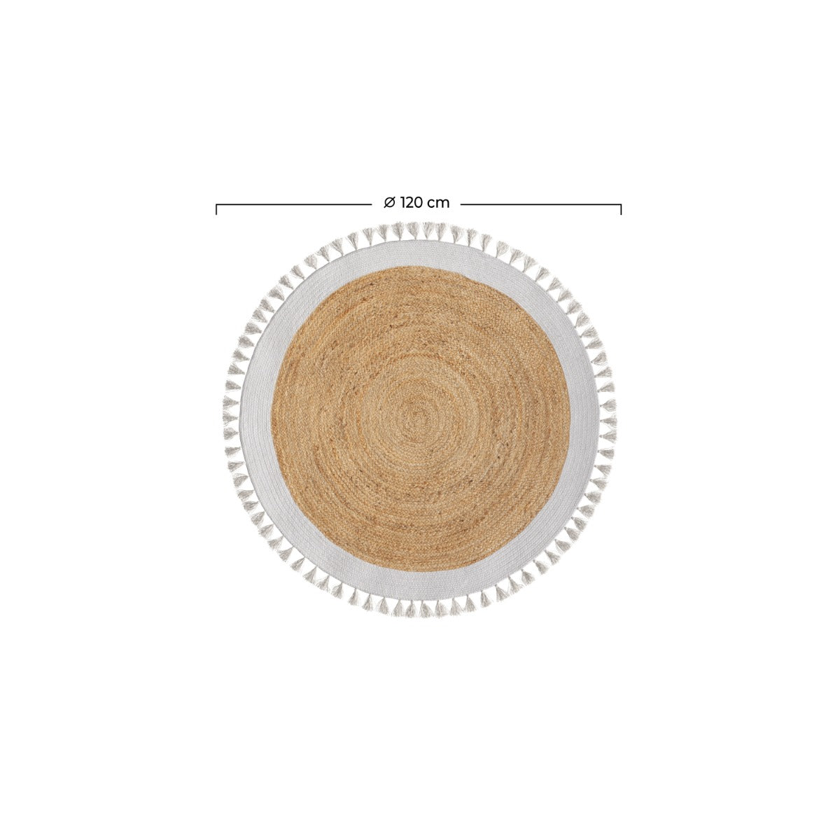 tapis rond anais en jute naturel avec bordure et frange blanche d 120 cm
