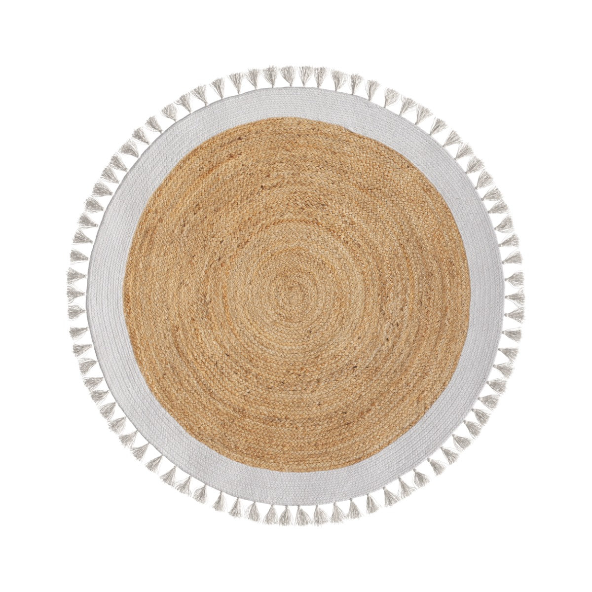 tapis rond anais en jute naturel avec bordure et frange blanche