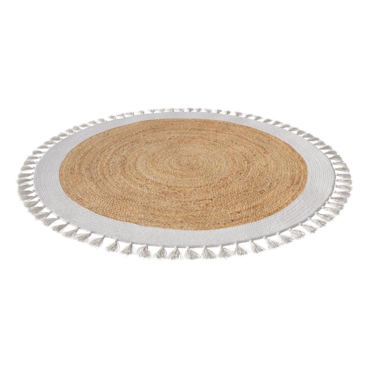 tapis rond en jute naturel avec bordure et frange blanche anais