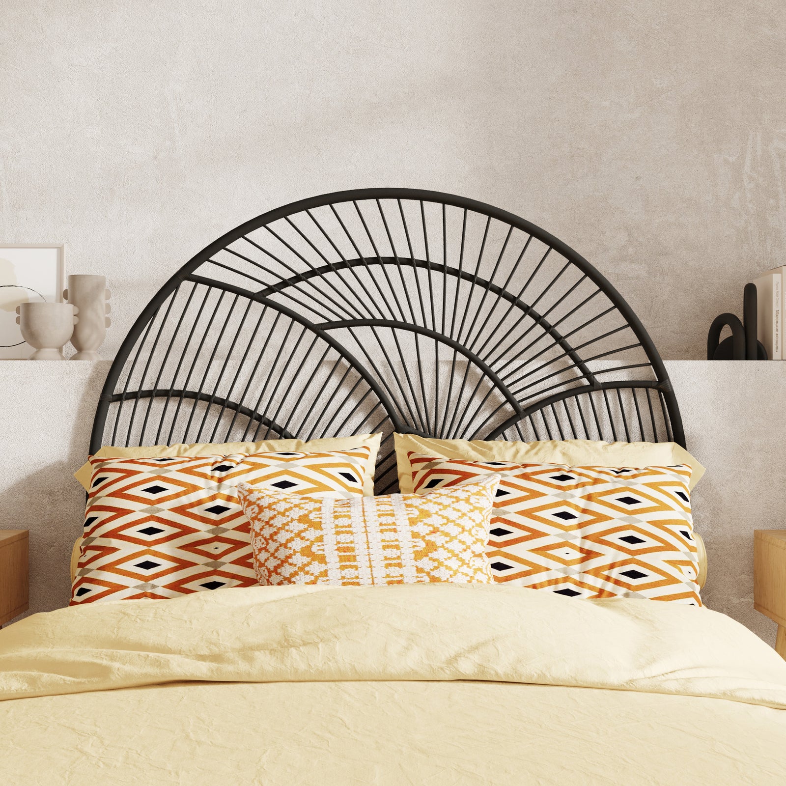 tete de lit rotin noir arrondie 140 cm selene