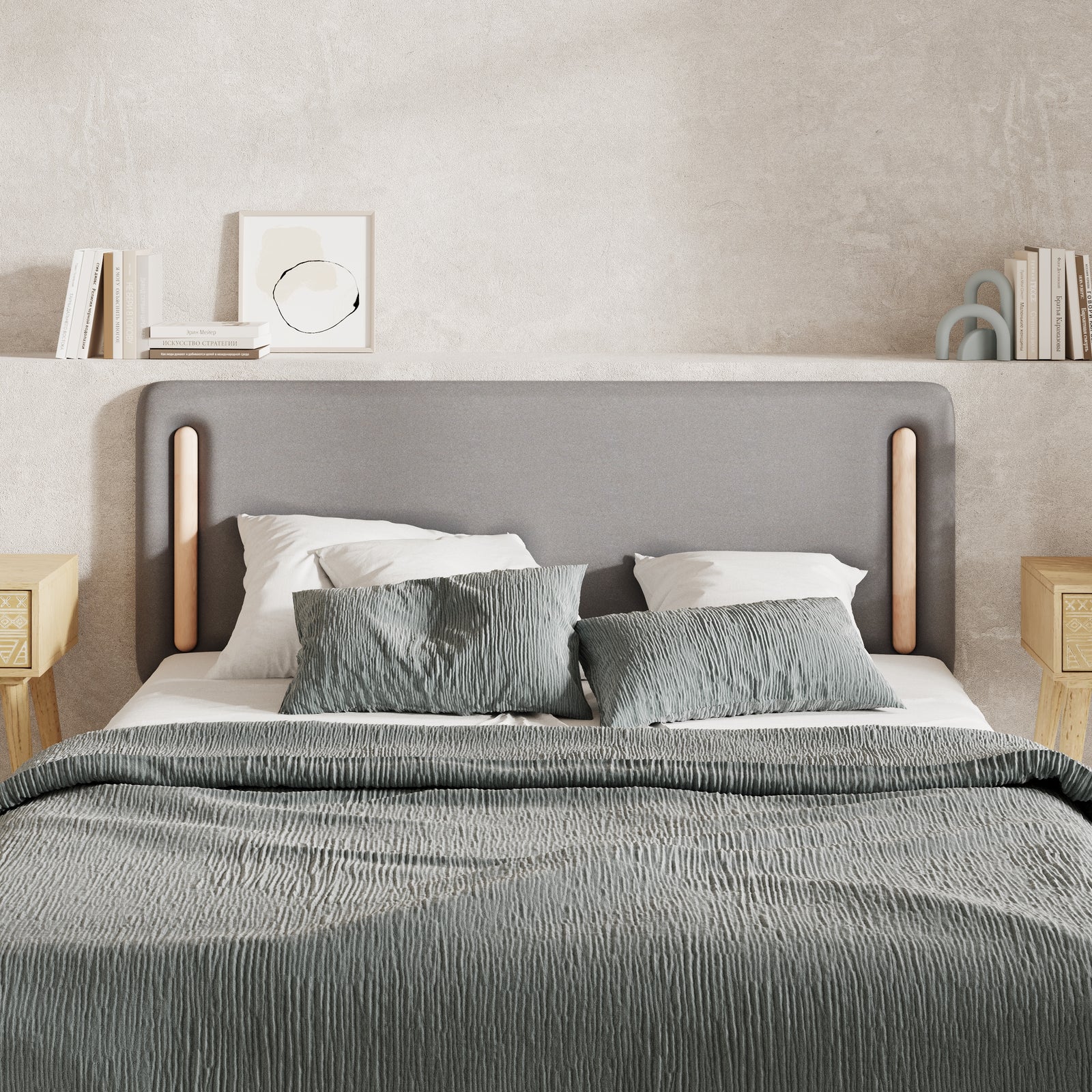 tete de lit tissu gris et bois duo matiere