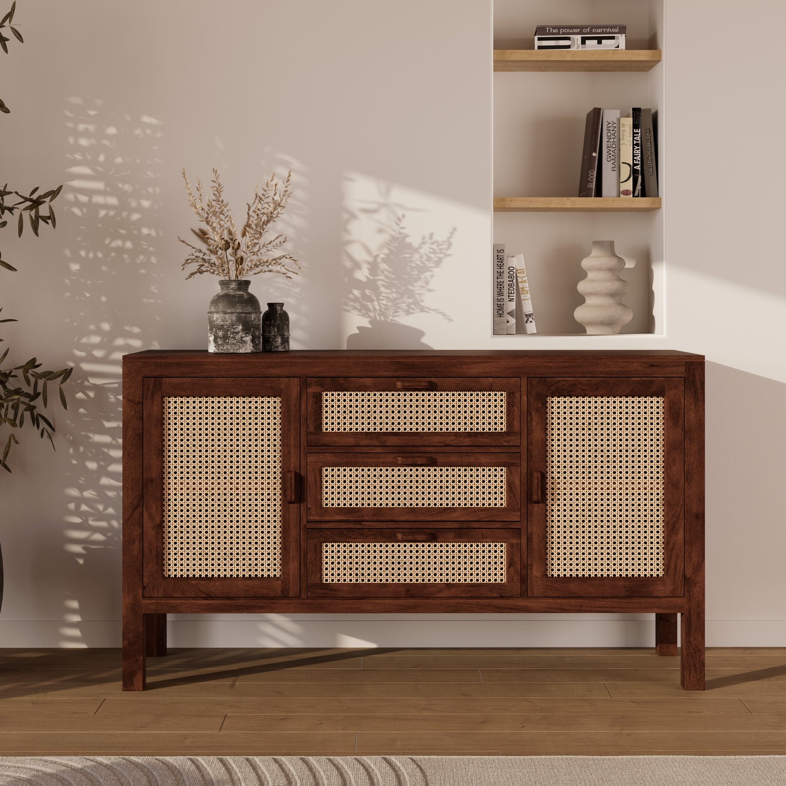 tiki buffet bois fonce vintage rotin