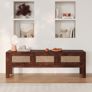 tiki meuble tv bois fonce et cannage manguier