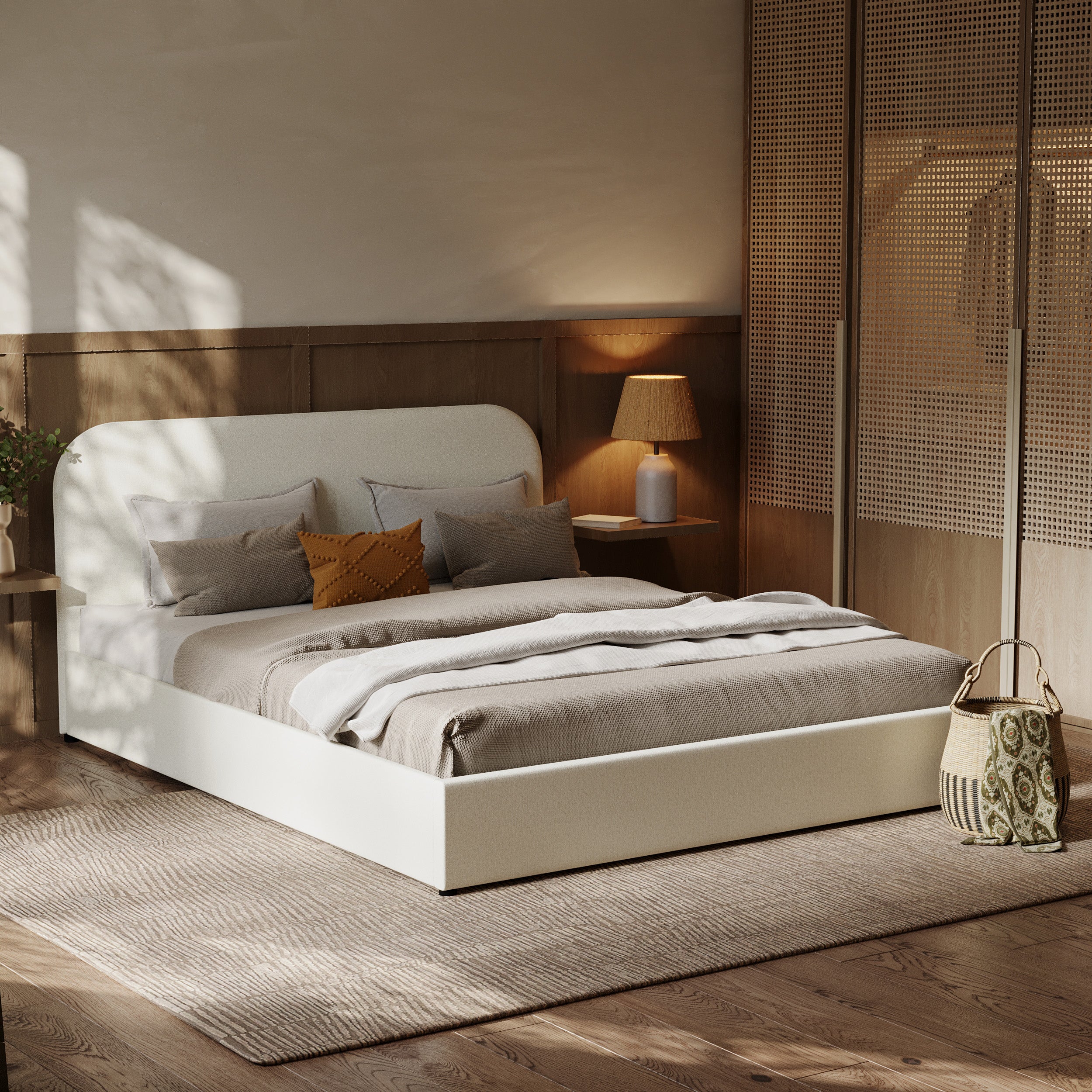 tilly lit double 160 x 200 cm en tissu beige avec coffre