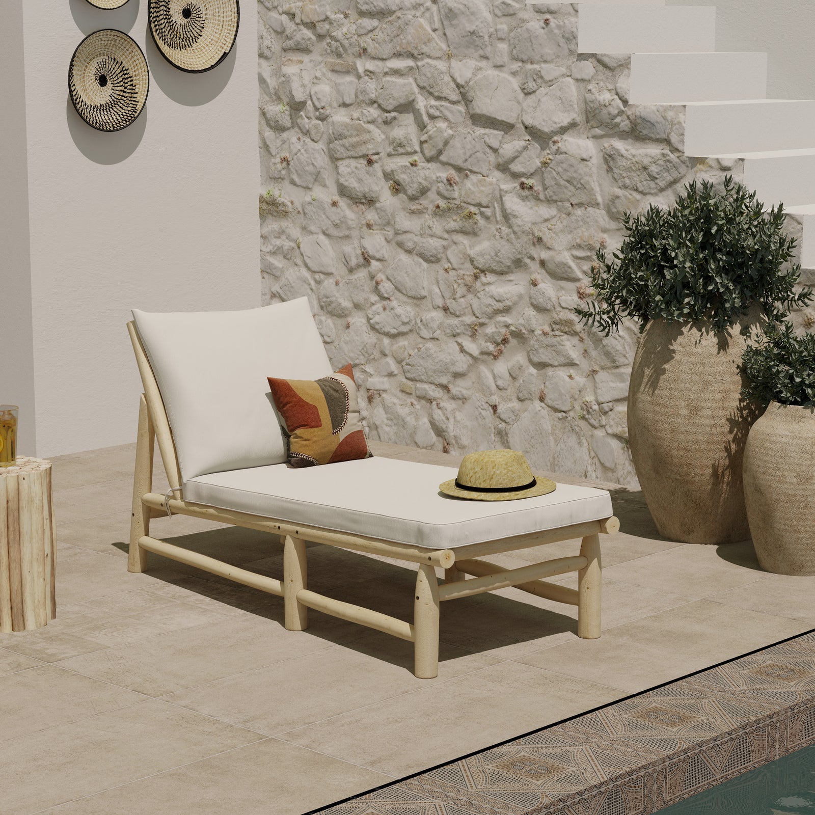 transat de jardin makam bois teck coussin blanc casse focus