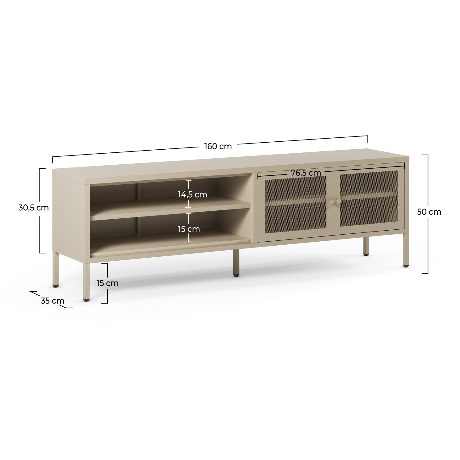 Meuble TV Latem en métal beige 2 portes, 160 cm