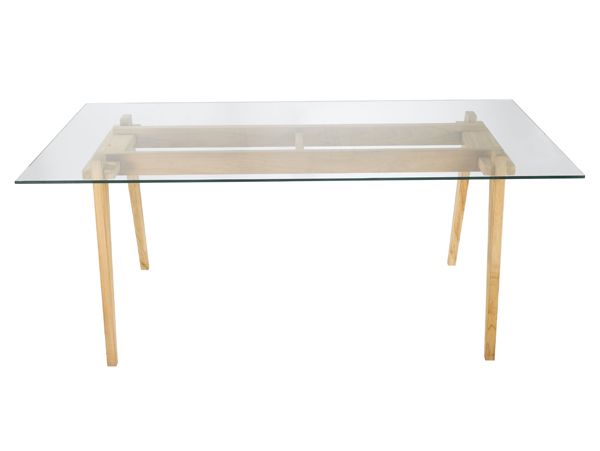 Table plateau verre pied bois